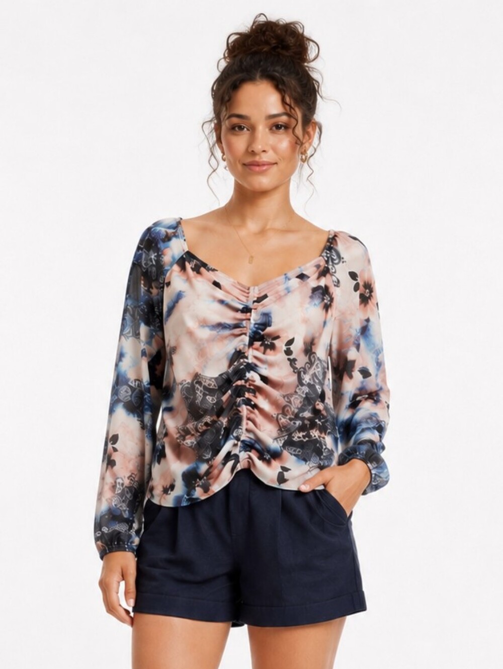 Boston Proper Floral Ruched Front Blouse Long Sleeve Romantic Top Large